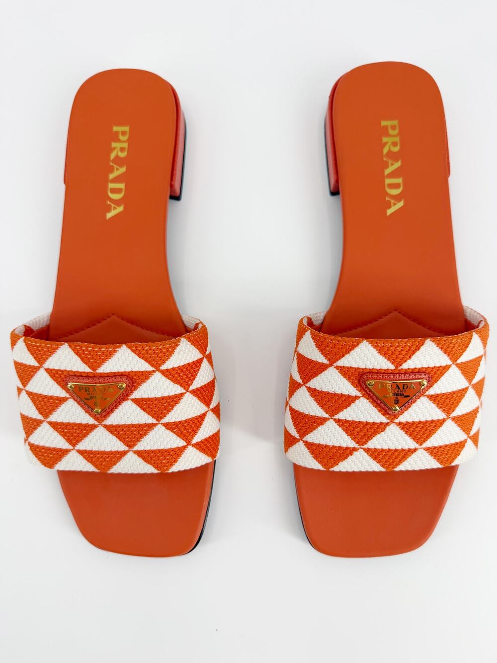 Prada Orange Triangle Jacquard Fabric Slide Sandals Shoes Size 40 EU 9.5 Mules
